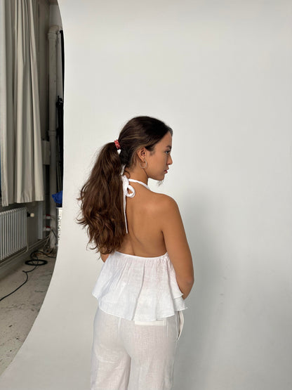Cleo linen top with open back - White