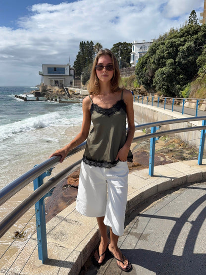 Daniana satin top with lace - Khaki