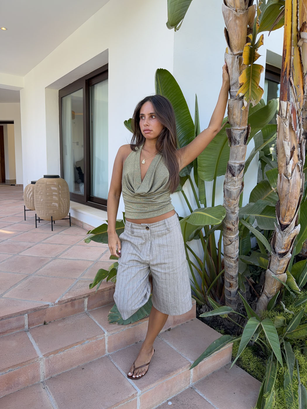 Martha halterneck top with glitter – Khaki