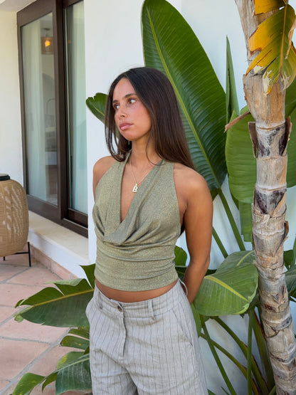 Martha halterneck top with glitter – Khaki