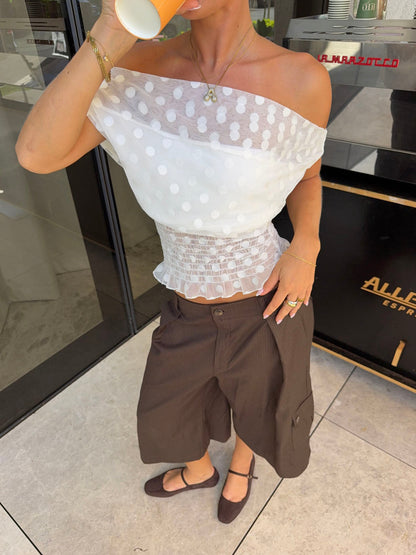 Scandivv mesh top with polka dots – White