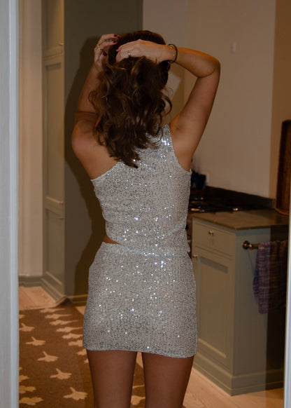 Jolie one shoulder top with sequins - Beige/silver