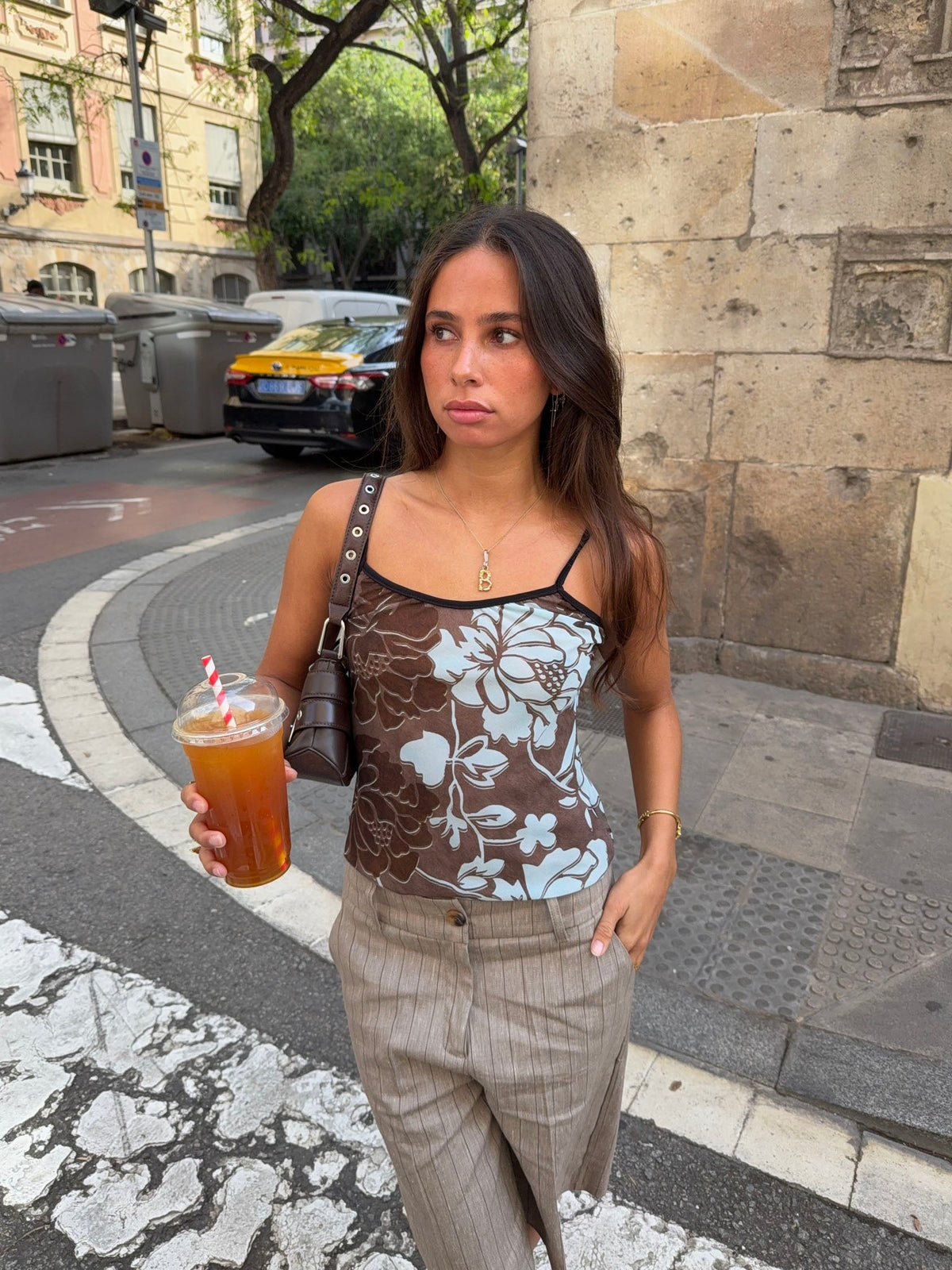 Candela top with flowers – Blue/brown