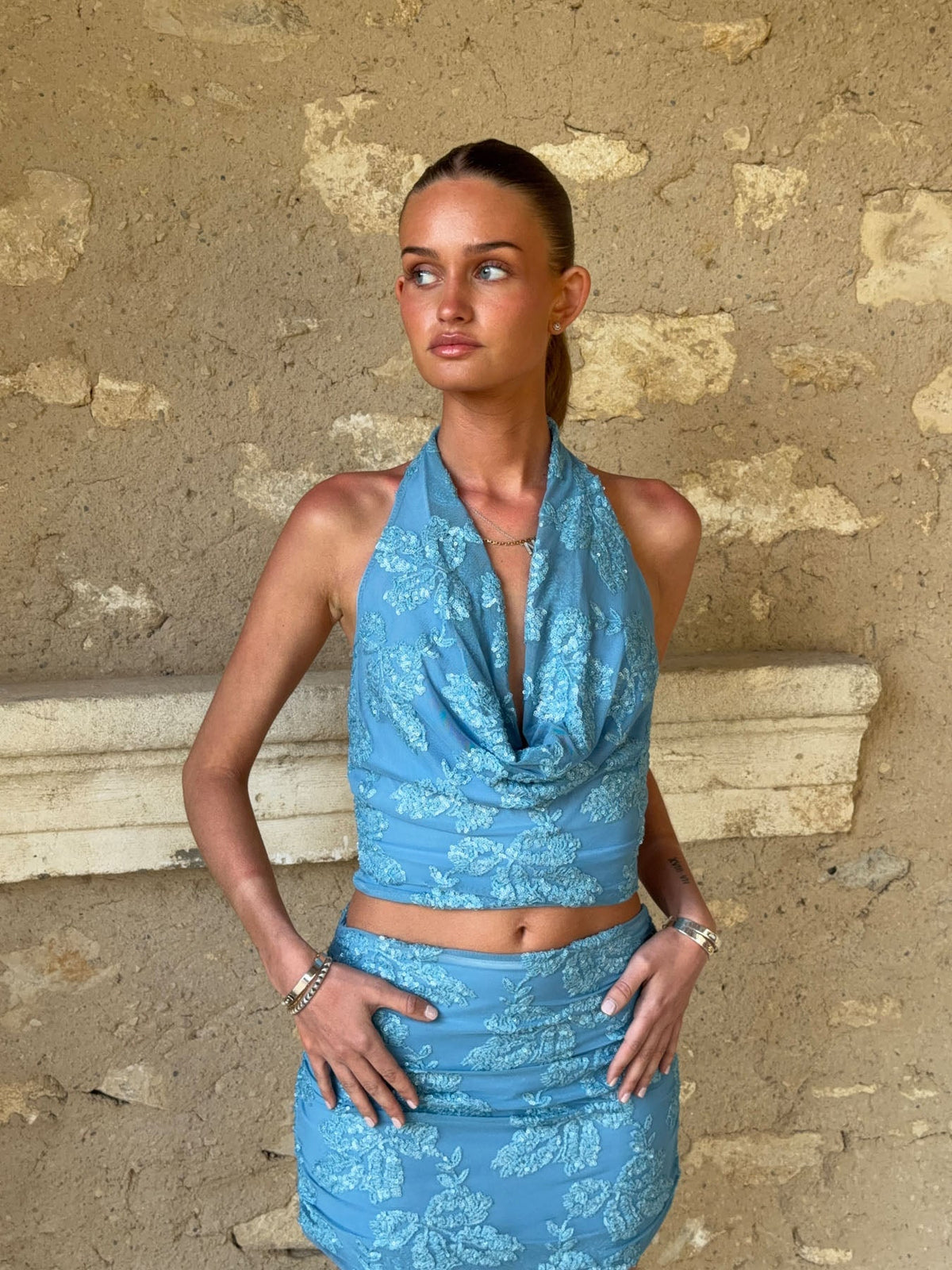 Aladina top with sequins flowers - Blue