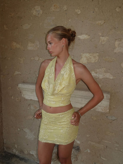 Aladina top with sequin flowers – Light yellow
